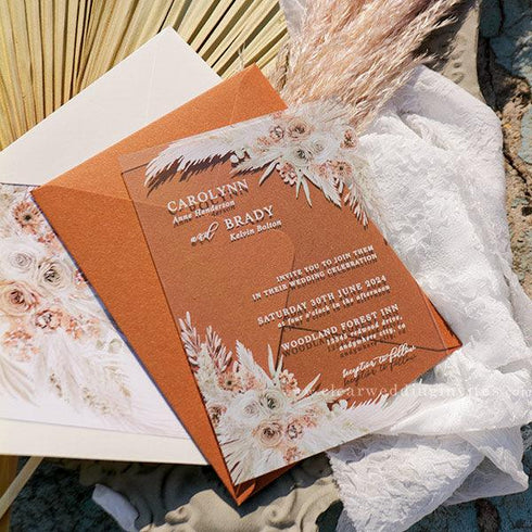 Elegant Boho Neutral Floral Terracotta Acrylic Wedding Invitations CWIA231